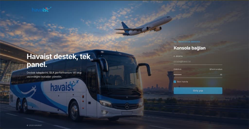 Havaist Destek console sign-in over the airport shuttle